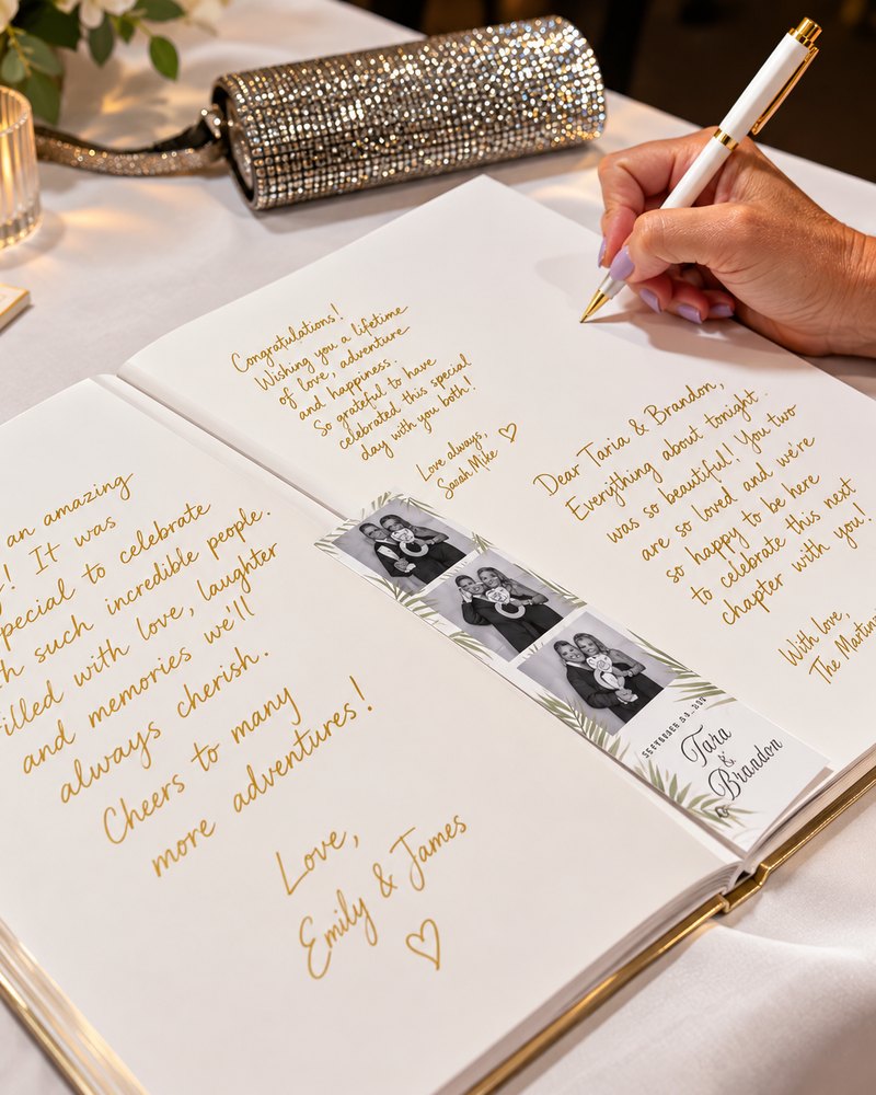Guest writing a message in gold ink beside their photo strip in a wedding guestbook
