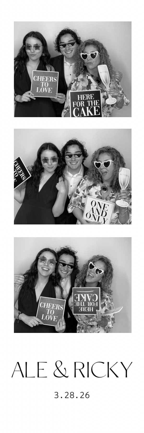 Wedding photo strip with three frames of guests in props